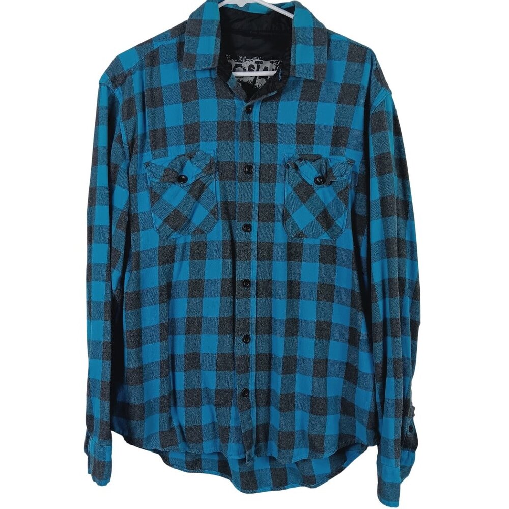 Plaid Flannel Button Up Shirt Men's Large Blue Gray Distressed Grunge Skater